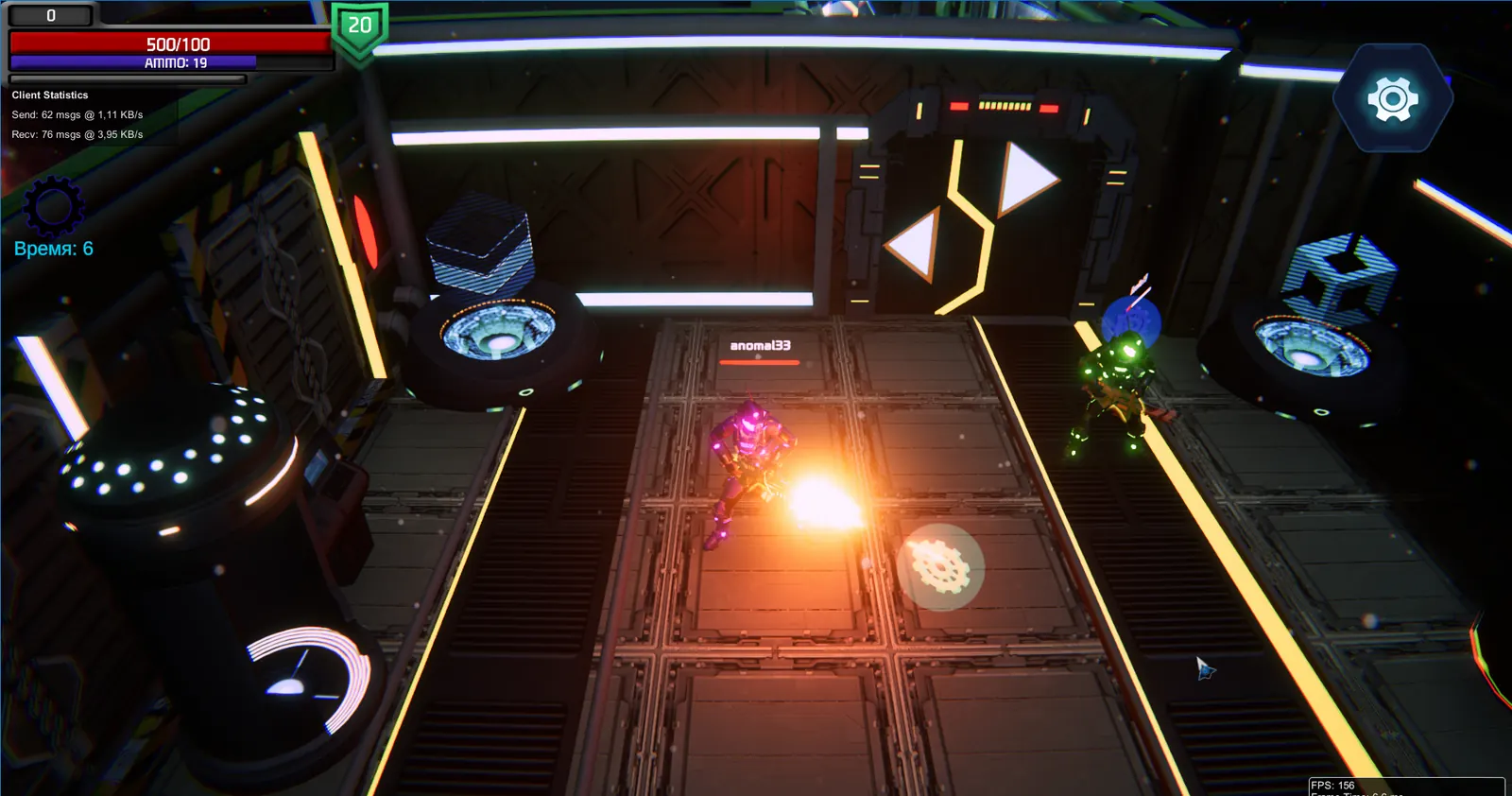 Cosmoground — a top-down firefight inside a neon-lit space station corridor